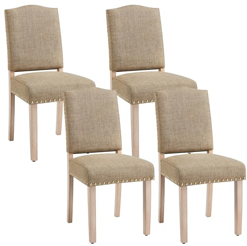 Yaheetech Set 4 Sedie Sala da Pranzo Classiche Imbottite Tessuto Gambe in Legno Sedia Moderne per Cucina Soggiorno Cachi