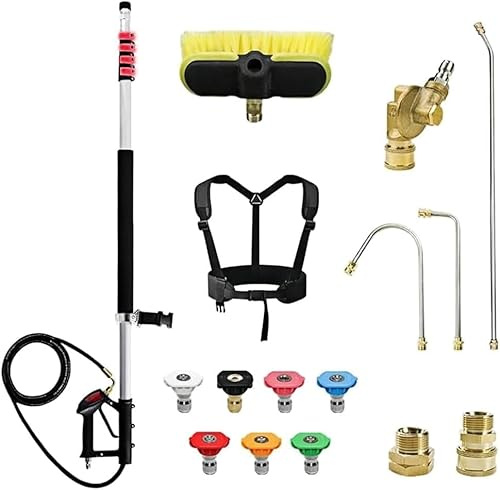 Rallonge télescopique pour nettoyeur haute pression de 7,3 m avec tête de brosse, 3 rallonges pour nettoyeur de gouttière, 7 embouts de buse de pulvérisation, ceinture de support et 2 adaptateurs de