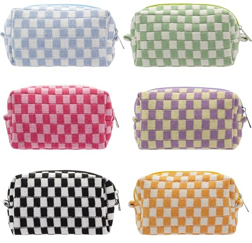 PAZIMIIK Checkered Makeup Bag for Purse Portable Zipper Make Up Pouch Small Cosmetic Case for Travel Accessories (6PCS Colorful)