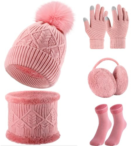 SATINIOR 5 Pcs Winter Hat Scarf Gloves Set Pink Chic Style