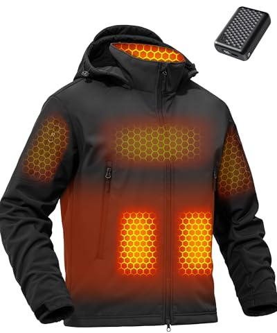 Wulcea Men's Soft Shell Heated Jacket with Hood and Battery Pack 12v Warming Self Heating Hoodie Apparel Clothes Waterproof Motorcycle Winter Outdoor Work 7.4 Rechargeable Electric Powered USB