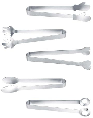 HJIAMA Pinze da Cucina 5 Pezzi, Pinza Ghiaccio in Acciaio Inossidabile, Argento, Processo di Lucidatura a Specchio, Comodo da Tenere, Pinze per Dolci, Adatto per Cucina, Barbecue, Feste