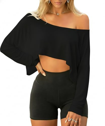 Navneet Women Off The Shoulder Tops Workout One Shoulder Top Sports Oversized T Shirts Long Sleeve Crop Top Going Out Basic Black L