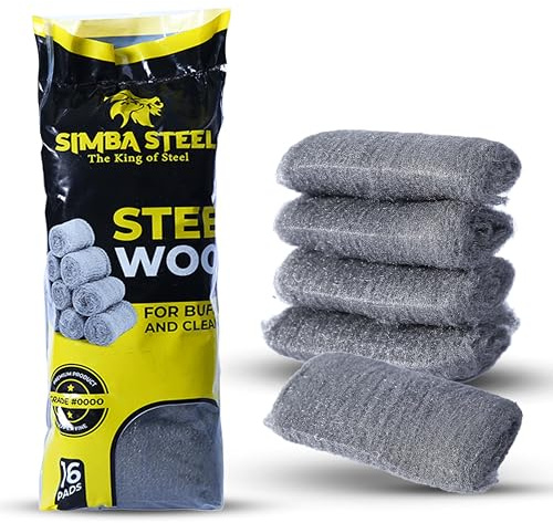 SIMBA Steel Wool Grade 0000 - Finest Grade - 16 Pads Multi-use for Cleaning, Rust Removal, Wood Buffing, Metal Finish, Furniture, Windows. 16 Pads