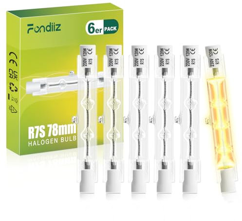 Fondiiz 6 Stück R7s Halogenstab 78mm, 120W Dimmbar Halogen Leuchtmittel R7s, 2000LM 2800K Warmweiß J78 Halogenstäbe Linear Halogenlampe für Strahler, Deckenfluter, Spotlight, Deckenleuchte