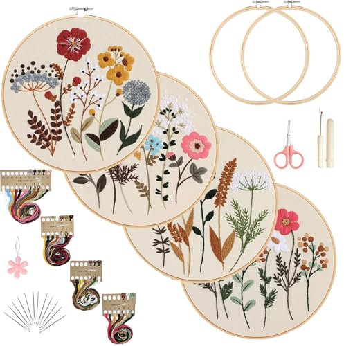 Felly 4 Sets Blumenmuster Embroidery Kit für Anfänger, Kreuzstich Handarbeits-Set für Erwachsene mit 2 Stickrahmen, 4 Anleitung und 3 Werkzeuge, Stickset DIY Kunst Handwerk, Geschenke zum Muttertag