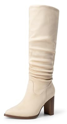 DREAM PAIRS Women's Knee High Boots Pointed Toe Chunky Block Heel Suede Boots Comfortable for Women with Side Zipper Fashion Slouchy Boots,Size 10,Beige,DWUMKB2513