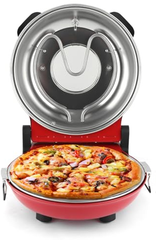 KLAIF Electric Countertop Pizza Oven With 12 Ceramic Stone, Dual Adjustable Temperature Controls, Includes 4 Pizza Tools, LMR-Red