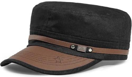LXOrdora Men Flat Top Hat Cadet Army Cap Cotton Military Cap Black