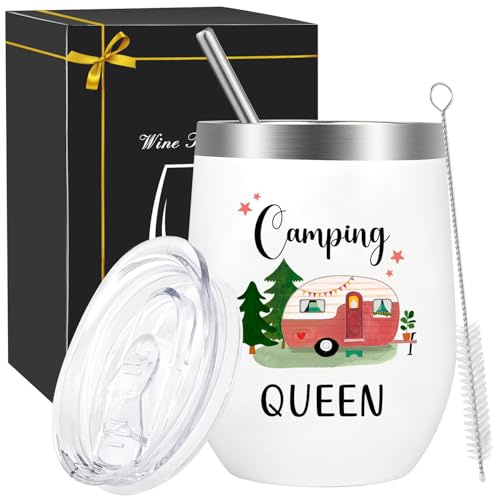 Camping Tasse für Frauen, Camping Queen Kaffeebecher, Camper Geschenke - Weinbecher Edelstahl mit Deckel, Stroh und Strohhalmpinsel, Geschenk für Beste Freundin Schwester Womo-Bewohner