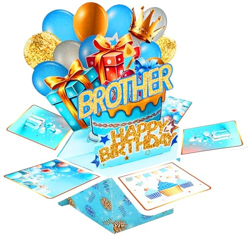 Asmallgf Brother Birthday Card Gifts，Funny 3D Pop up Birthday Card for Brother from Sister，Explosion Box Greeting Card with Cake, Balloons & Gifts