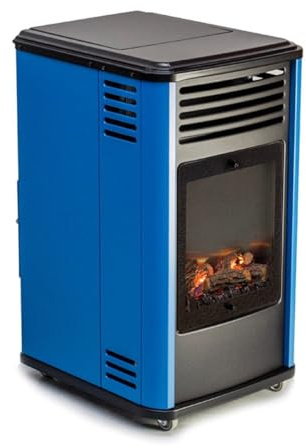 Sahara - Poele à gaz 3400W Design Bleu et Noir - Chauffage d'appoint Effet Feu de Bois Manhattan