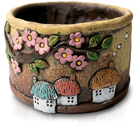 TIN DREAMS | Maceta Decorativa con Casitas de Pueblo – Macetero Hormigón Pintado a Mano – Tiesto para Plantas Interior y Exterior – Maceta Artesanal para Jardín, Terraza o Balcón – 19,5 x 19,5 x 10 cm