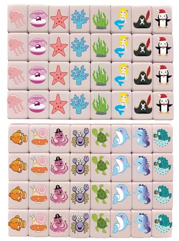 Xoeryoy Mahjong, set da gioco Mahjong per bambini con graziose tessere con creature dell'oceano, mini tessere da 24 mm per viaggi e divertimento in famiglia
