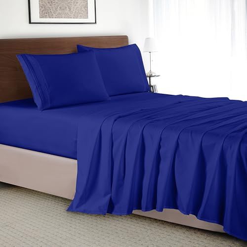 Elegant Comfort Set di lenzuola di lusso, 4 pezzi, in microfibra di qualità alberghiera 1500, resistente alle pieghe, fresco e traspirante, facile elastico, completo, blu imperiale