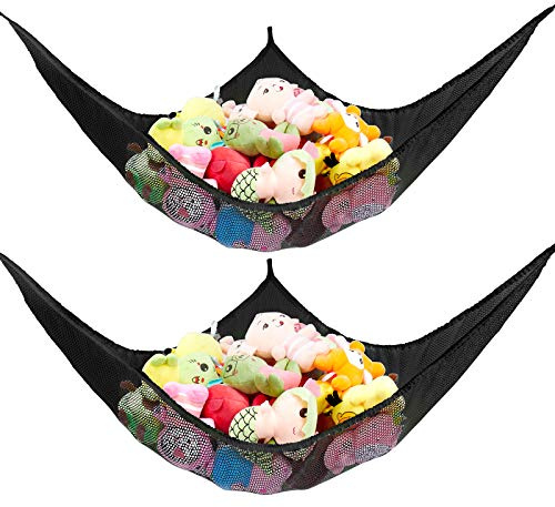KOHUIJOO Stuffed Animal Net or Hammock, Stuffed Animal Net, Jumbo Toy Net Hammock for Stuffed Animals Wall Sling Corner Extra Large Kids Children Mesh Toy Net Organizer (Black 2 Pack, 83 Inch)