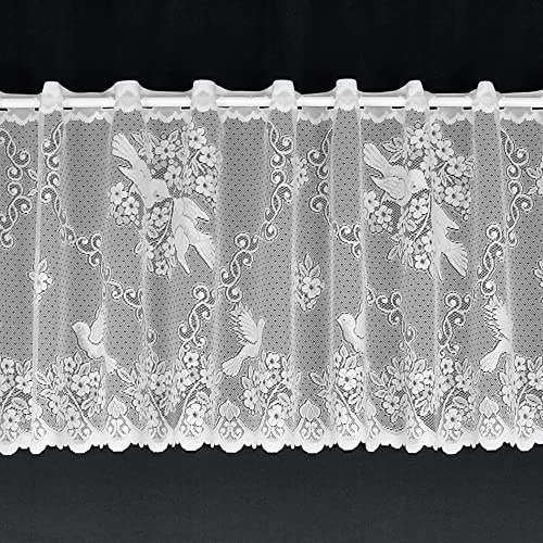 Love Birds White Kitchen / Bathroom Cafe Net Curtain With Scalloped Hem & Birds / Flowers Detail - 3 Metres Wide x 18 (45cm) Drop