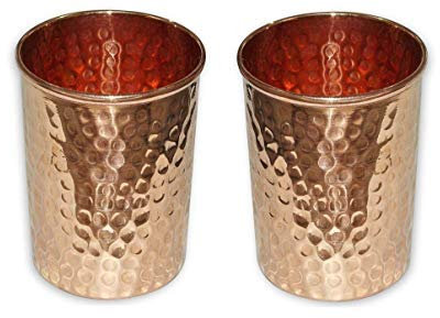 OSNICA 2 Stück handgefertigte Kupferglasbecher für Wasser, Indien, Kupferbecher, besser als Gläser, sicherer als Kunststoff, Fassungsvermögen 350 ml (Design 01)