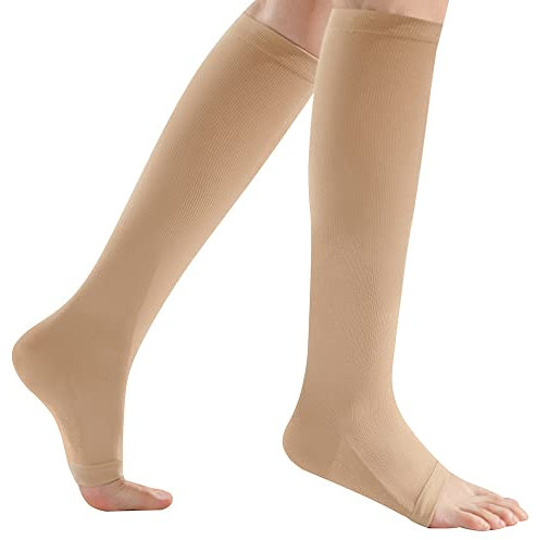2 Paar Kompressionsstrümpfe für Damen und Herren, Unterstützung 20–30 mmHg, kniehohe, offene Zehen, Knöchelgewölbe, Wadenbeinsocken für die Durchblutung, Vorbeugung gegen Krampfadern (S/M, Deep Beige)