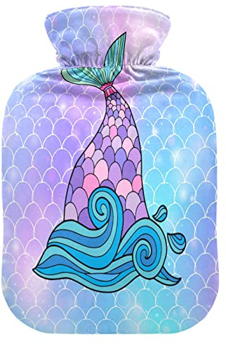 Sea Fish - Bouillotte en forme de queue de sirène avec housse - 2 litres - Transparent - Sac d'eau chaude et froide - Idéal pour les crampes, le dos, les douleurs aux épaules - Pour enfants, hommes,