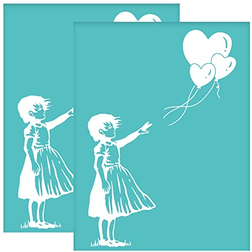 OLYCRAFT 2 plantillas autoadhesivas de Banksy para serigrafía de seda de 22 x 28 cm, plantilla de globo de seda de Banksy con forma de corazón, plantillas de malla reutilizables para manualidades,