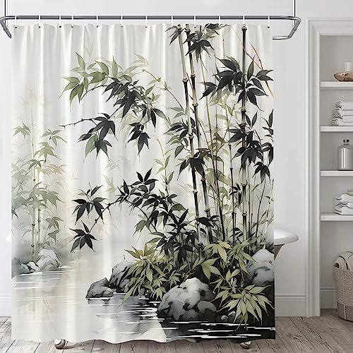 SATRTUD Asian Shower Curtain Vintage Japanese Ink Painting Green Plant Leaf Forest Water Pond Stone Zen Spa Relaxing Rustic Wild Nature Plant Spring Scenic Fabric Bathroom Curtains with Plastic Hooks