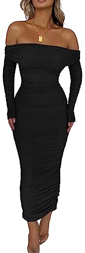 PRETTYGARDEN Women's Fall Off Shoulder Maxi Bodycon Dress Long Sleeve Ruched Fitted Club Dresses with Slit (Black,Small)