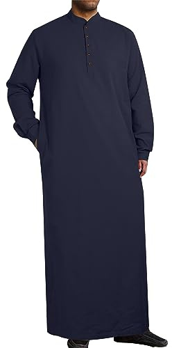 YAOHUOLE Men's Long Sleeve Abaya Robe Button Up Side Split Kaftan Thobe with Pockets Long Gown