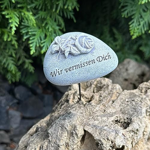 eberin · Friedhof Gedenkstein/Trauerstein/Spruchstein für das Grab · Trauersteine mit Motiv + Sprüchen zum Stecken · Grabschmuckstein grau antik (Motiv Rose)