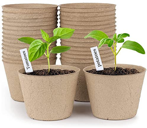 Herklotzn Lot de 30 pots de tourbe ronds biodégradables avec 20 étiquettes de plantes supplémentaires de 7,6 cm