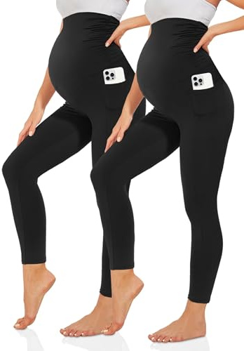 TNNZEET gravidleggings dam ogenomskinliga graviditetsleggings långa med fickor för yoga, Svart * 2, 4XL