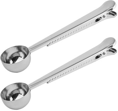 Clip de cuchara de café, cuchara medidora de acero inoxidable con clip, cuchara de café para café molido, cuchara medidora para café molido y frijoles, té, azúcar, leche en polvo, helado, 2 piezas