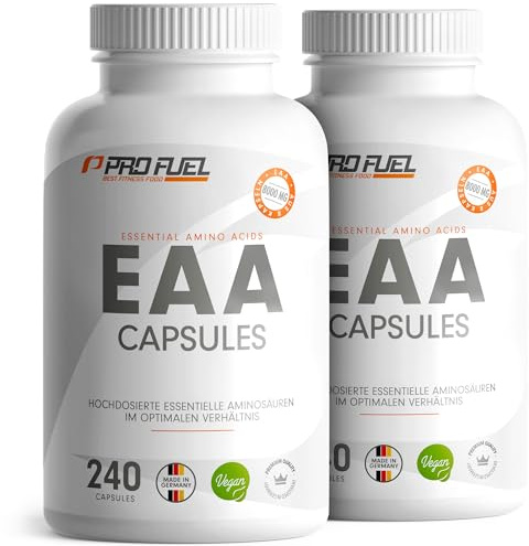 EAA Kapseln hochdosiert 240 Giga Caps mit je 1000 mg EAA (vegan) - optimiertes Multi-Amino E.A.A. Pattern mit 8 essentiellen Aminosäuren - laborgeprüft mit Zertifikat - 100% vegan - 2x 240 Kaps
