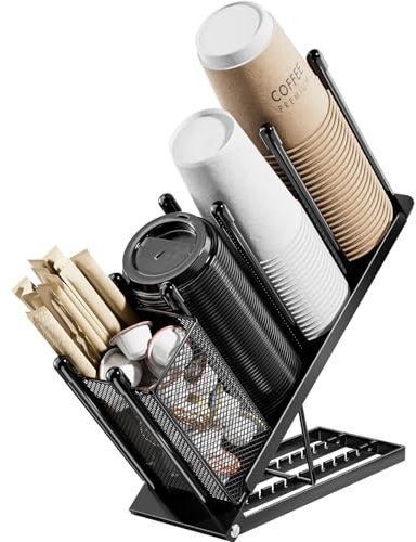 JANE EYRE Portabicchieri e Portacoperchi Regolabile - Organizzatore Portabicchieri Caffè con Dispenser per Monouso a 4 Scomparti Cestino Porta Cannucce Cialde per Stazione Caffè Bar in Metallo, Nero