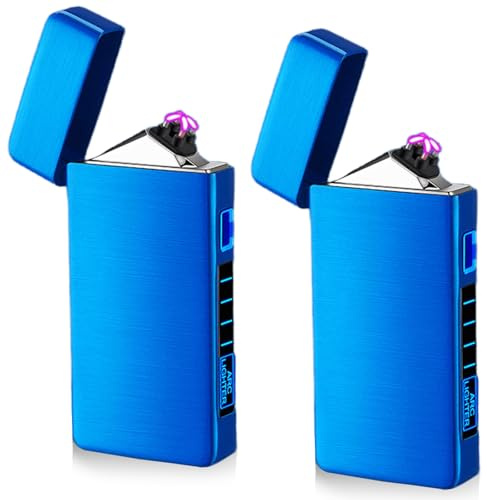Paquete de 2 encendedores electrónicos USB, encendedor eléctrico USB LED de arco doble arco con indicador de batería, encendedor de plasma resistente al viento con solo tocar un botón de liberación