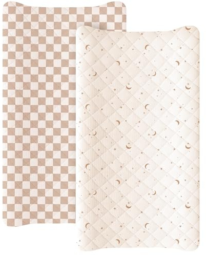 Konssy Waterproof Muslin Changing Pad Cover 2 Pack, Quilted Cotton Fitted Diaper Changing Table Cover, Soft Changing Pad Sheets for Girls Boys (Coffee Check,Moon)