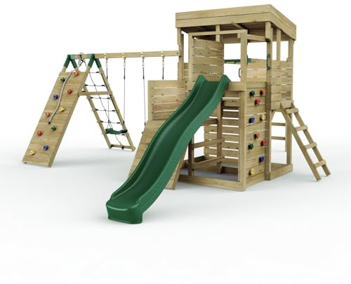 Rebo 2 Tier XL Lookout Tower Playhouse with Double Swing and Monkey Bars plus Climbing Wall | with 9ft Slide | Ladder | Pressure Treated Timber, Safe for Children | OutdoorToys | Climbing Wall |