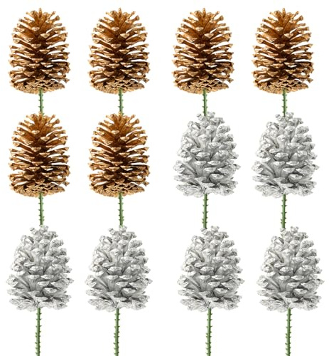 Fangoo Paquete de 12 piñas grandes de pino de Navidad de 8 a 12 cm, conos de pino dorado natural para decoración de árbol de Navidad, guirnalda, adornos de piñas, decoración de vacaciones de invierno