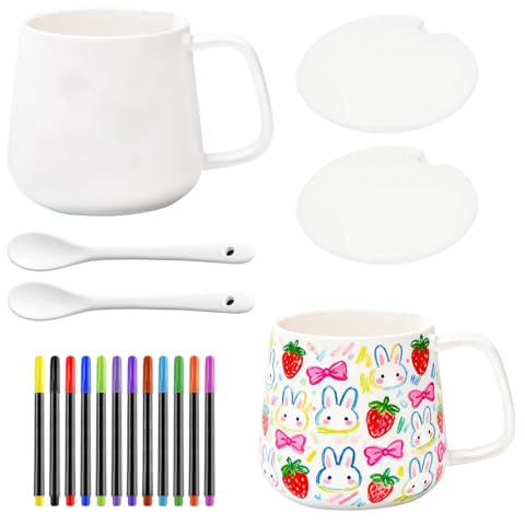 Pintar Cerámica Kit Taza, Taza Para Pintar DIY Cerámica Kit, Pinta Tu Propia Tazas, Taza de Cerámica con Tapa, Asa y Cuchara, Juego de Pintura, para Parejas Regalo de Boda Cumpleaños