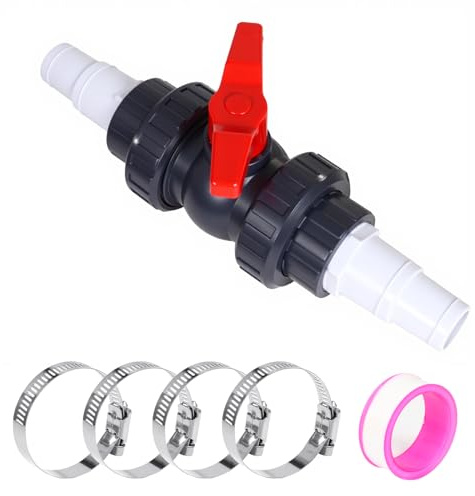 Zllzpzd Valvola a sfera con connettore per tubo in PVC, valvola di intercettazione per piscina, con 1 rubinetto di intercettazione da 1 1/2 (50 mm), 2 bocchette per tubo da 32 – 38 mm, connettore per
