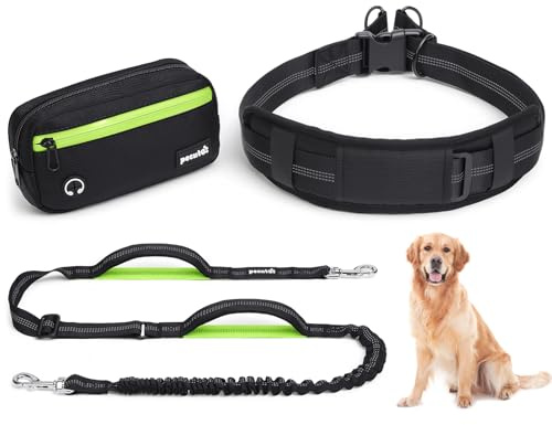 Pecute 3 in 1 Hands-Free Dog Lead, Dog Running Lead with Reflective Stitches - Bungee Shock Absorbing Waist Leash with Lumbar Support, Dual Handle Control & Storage Pack for Running, Walking, Hiking