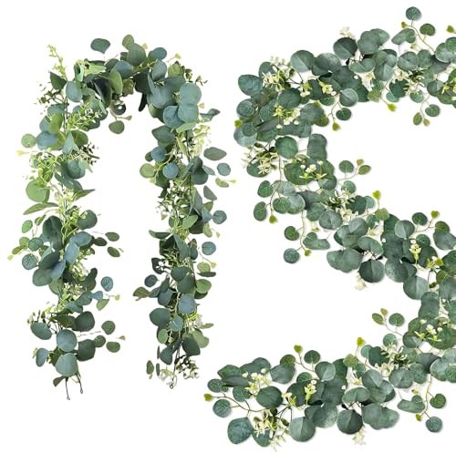 Ghirlanda di eucalipto, 1,8 m, decorazione artificiale di eucalipto, decorazione per la casa, impermeabile, con fiori bianchi, per interni ed esterni, balcone, decorazione da tavolo