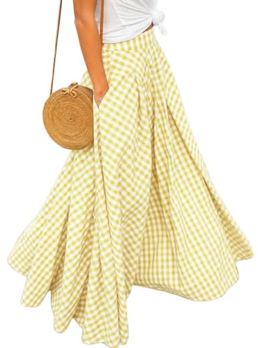 Générique Jupe Longue à Carreaux pour Femme – Taille Haute, Coupe trapèze, Motif Vichy, plissée et évasée – Style décontracté pour l'été et Les Vacances à la Plage (Collection 2026) (Yellow,M)