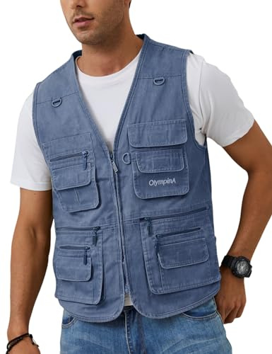 Gihuo Men's Fishing Vest Casual Utility Travel Safari Cargo Outdoor Work Photo Fly Vest Jacket with Multi Pockets (S, Blue)