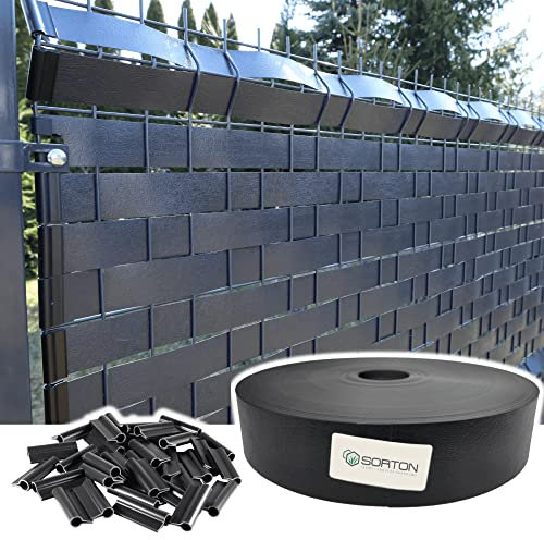 Sorton® - Strisce frangivista per recinzioni a doppia asta, 70 m x 46 mm, opache, in PVC, protezione dal vento, per recinzioni da giardino (70 m + 60 clip, antracite)