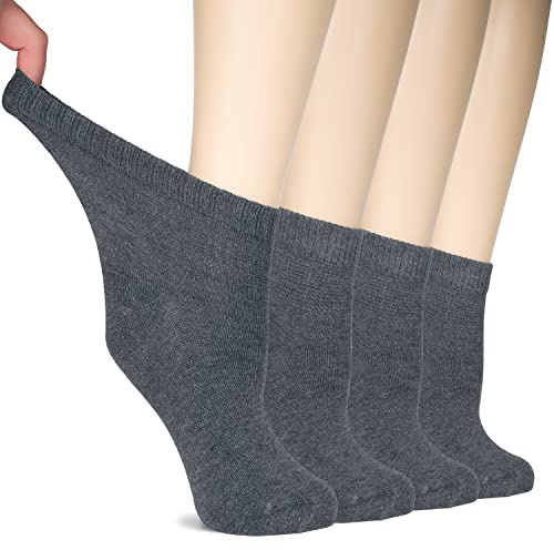 Hugh Ugoli Calcetines Tobilleros Mujer Diabéticas, 4 Pares, Calcetines de Bambú Suaves y Finos, Holgados para Tobillos Hinchados, Cintura sin Presión y Punta Sin Costura, Gris mélange, Talla: 36-39