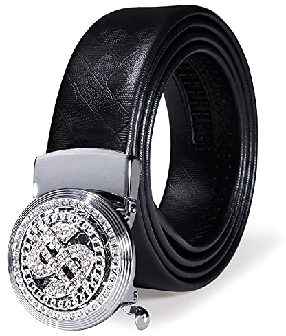 Dubulle Mens Belt Ratchet Silver Fashion Rhinestone Automatic Slip Buckle Casual Belt Strap - Trim to Fit