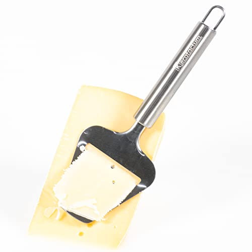 Kerafactum Cortador de queso de acero inoxidable, también adecuado para quesos duros, corta queso como una ralladora con mango redondo para juego de cuchillos, ampliable, cortador de queso para queso