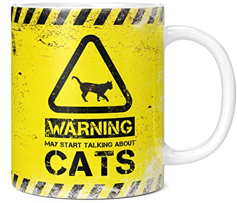 Mug Monster - Warning May Start Talking About Cats Funny Gift Mug - Ceramic Coffee Cup, Gift for Men or Women, Extra Large and Giant Available, 20oz White