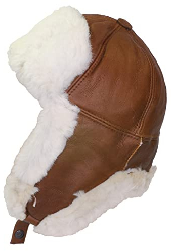 CUCUBA Cappello di Pelle di Montone Shearling Invernale Ushanka Uomo Cappello Pilota Aviatore Sovietico da Neve con Paraorecchie (M)
